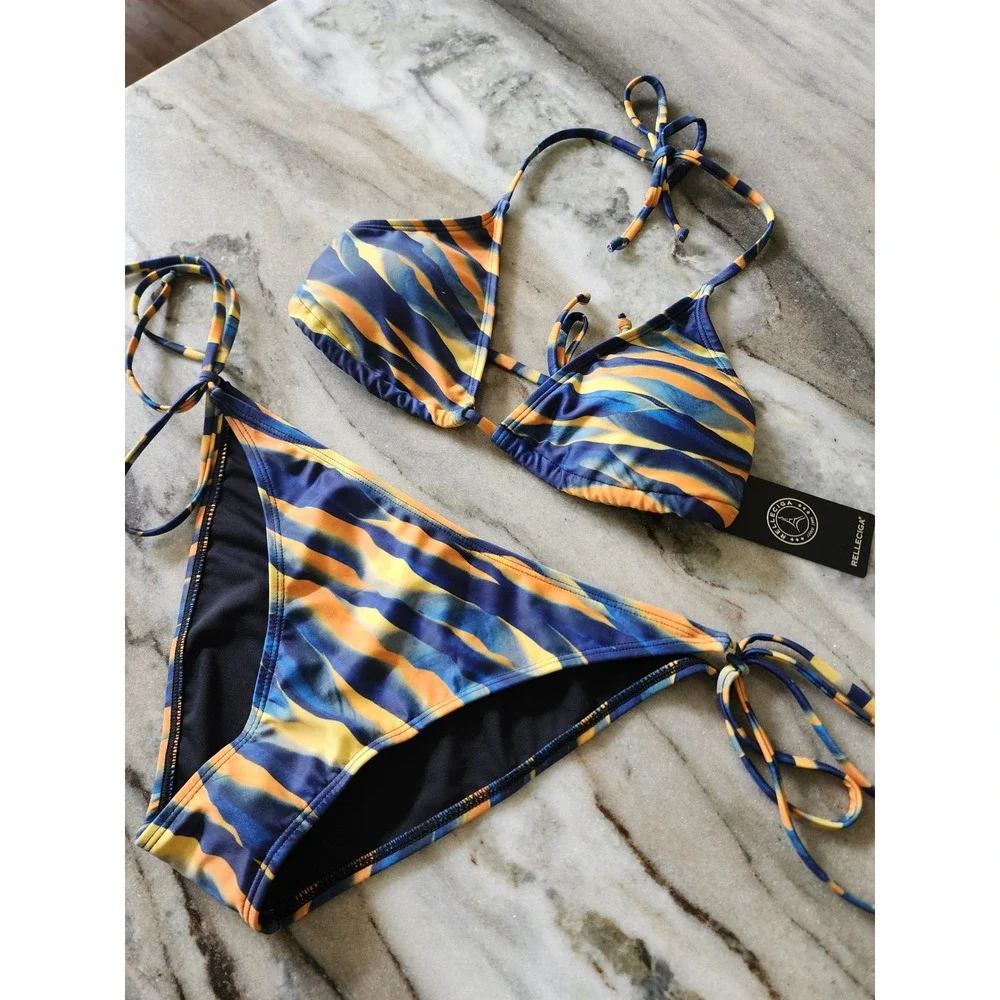 NWT RELLECIGA Womens Blue Orange Abstract Color Block Triangle Bikini Set Size M